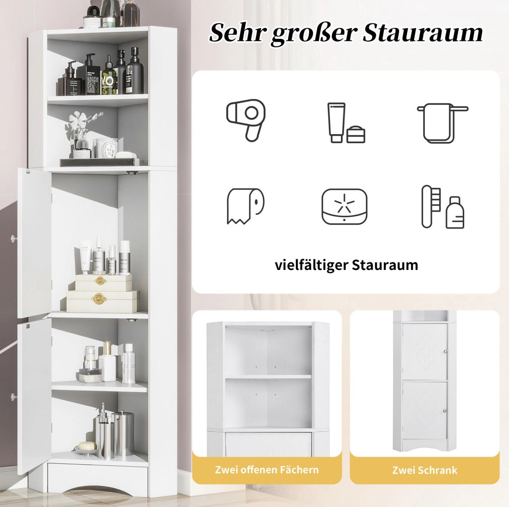 Mobile da bagno angolare con due ripiani regolabili, 36,5 x 36,5 x 155 cm, bianco