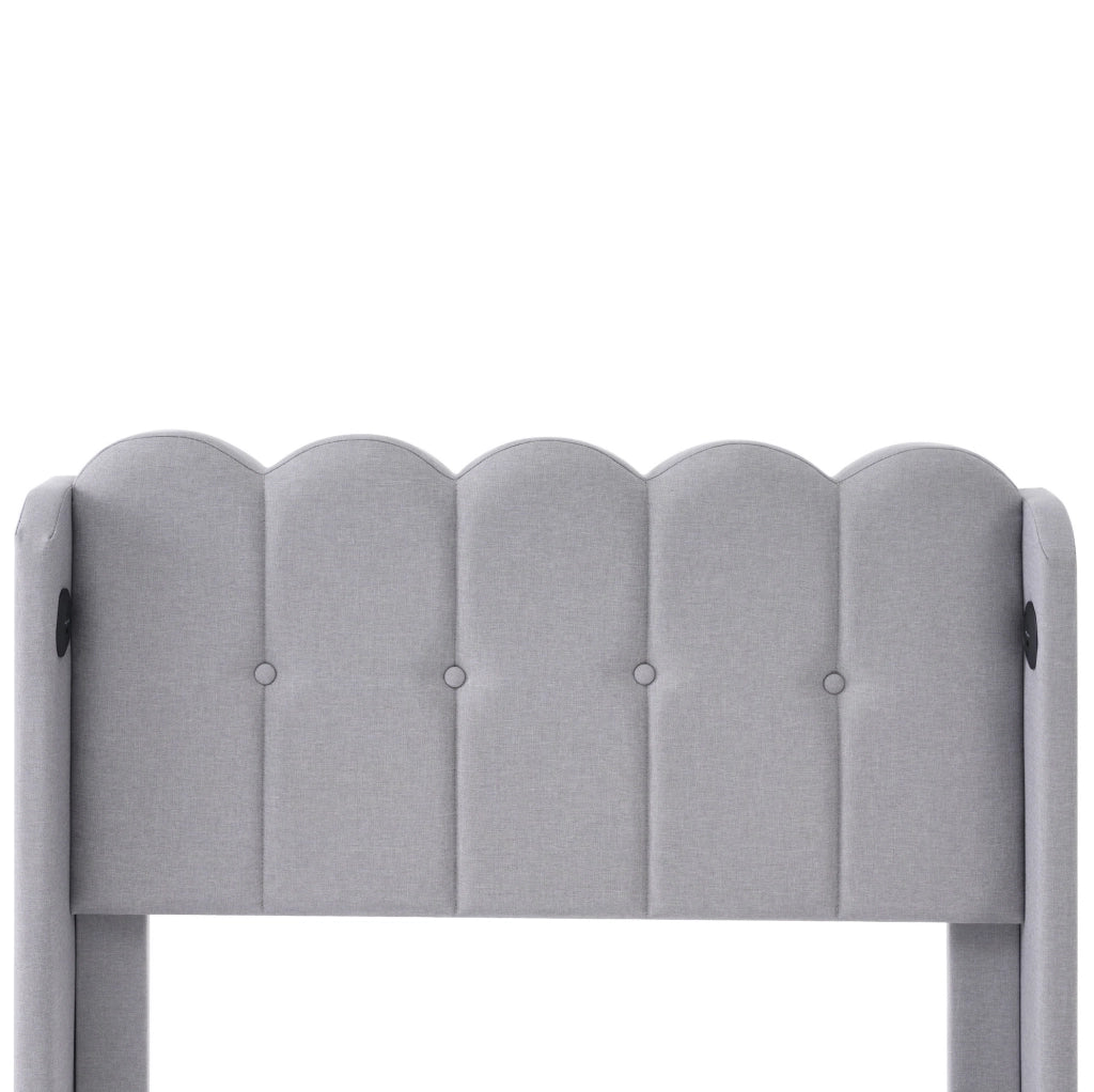 Letto singolo imbottito 90x200 cm in lino grigio con testiera USB e USB-C