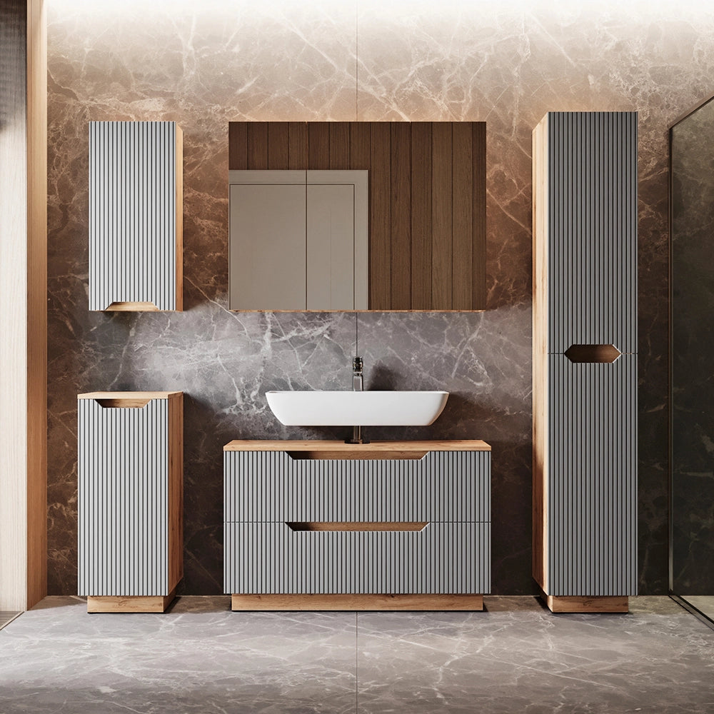 Vicco Set di mobili da bagno Rovere/grigio a righe 3 parti