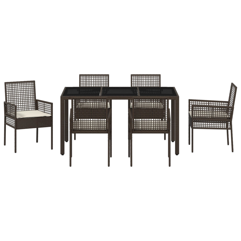 Set da Pranzo da Giardino 7 Pezzi con Cuscini in Rattan Sintetico Marrone