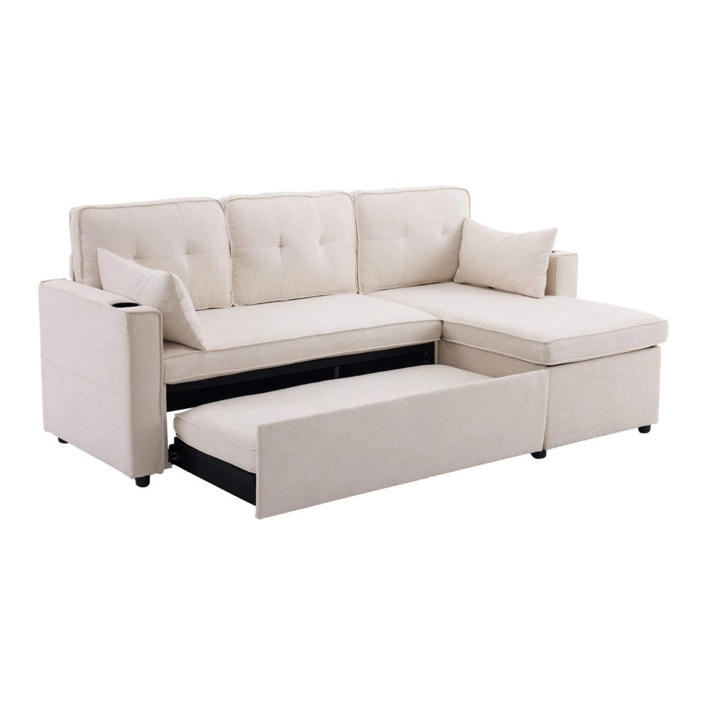 Divano letto angolare con contenitore; chaise longue reversibile; 211x130x86 cm; beige