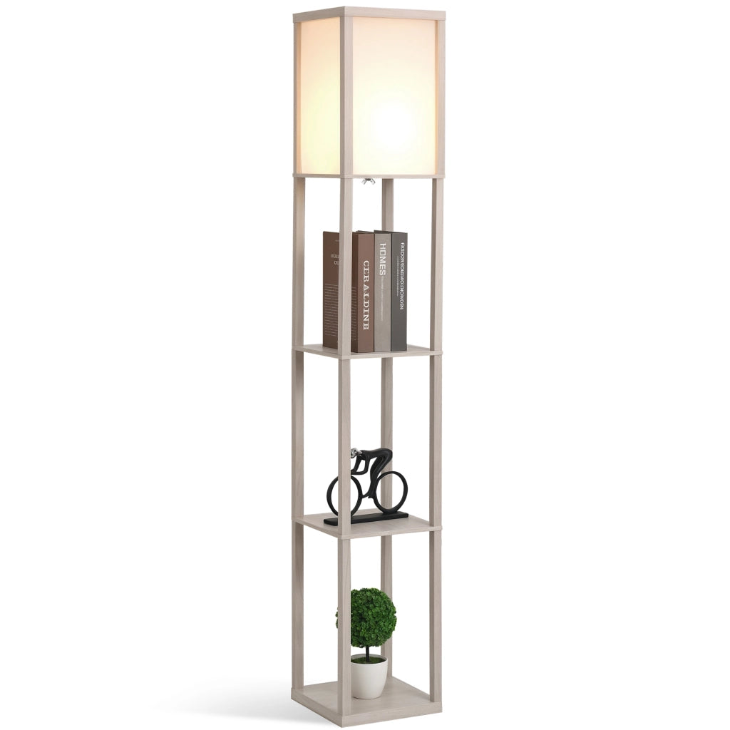 Lampada a Terra 40W con 3 Mensole Integrate e Interruttore a Pedale, Lampada Moderna in MDF e Acrilico, 26x26x160 cm, Rovere