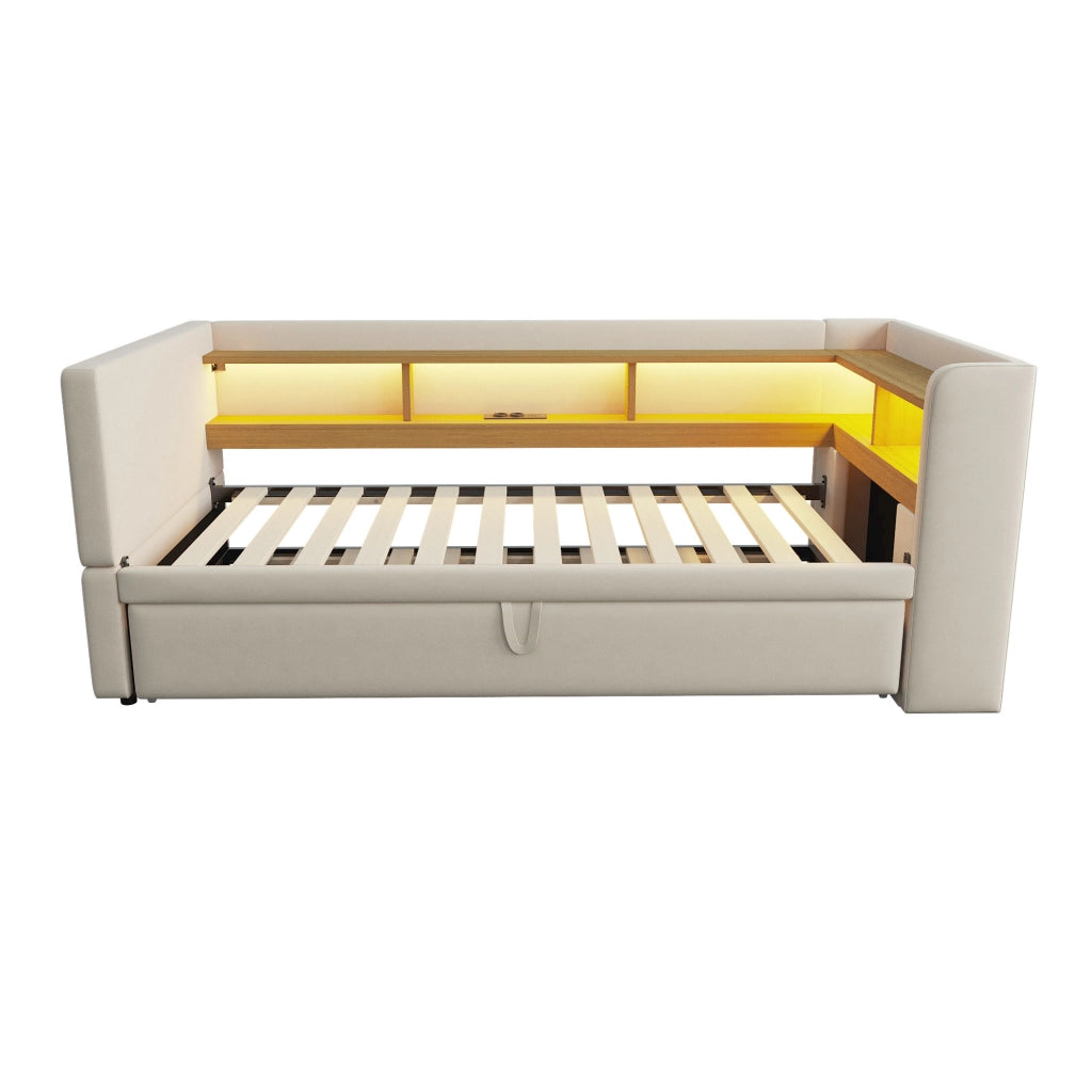 Divano letto imbottito multifunzione con vani contenitore, LED, prese e struttura in metallo, beige, 90/180 x 190 cm
