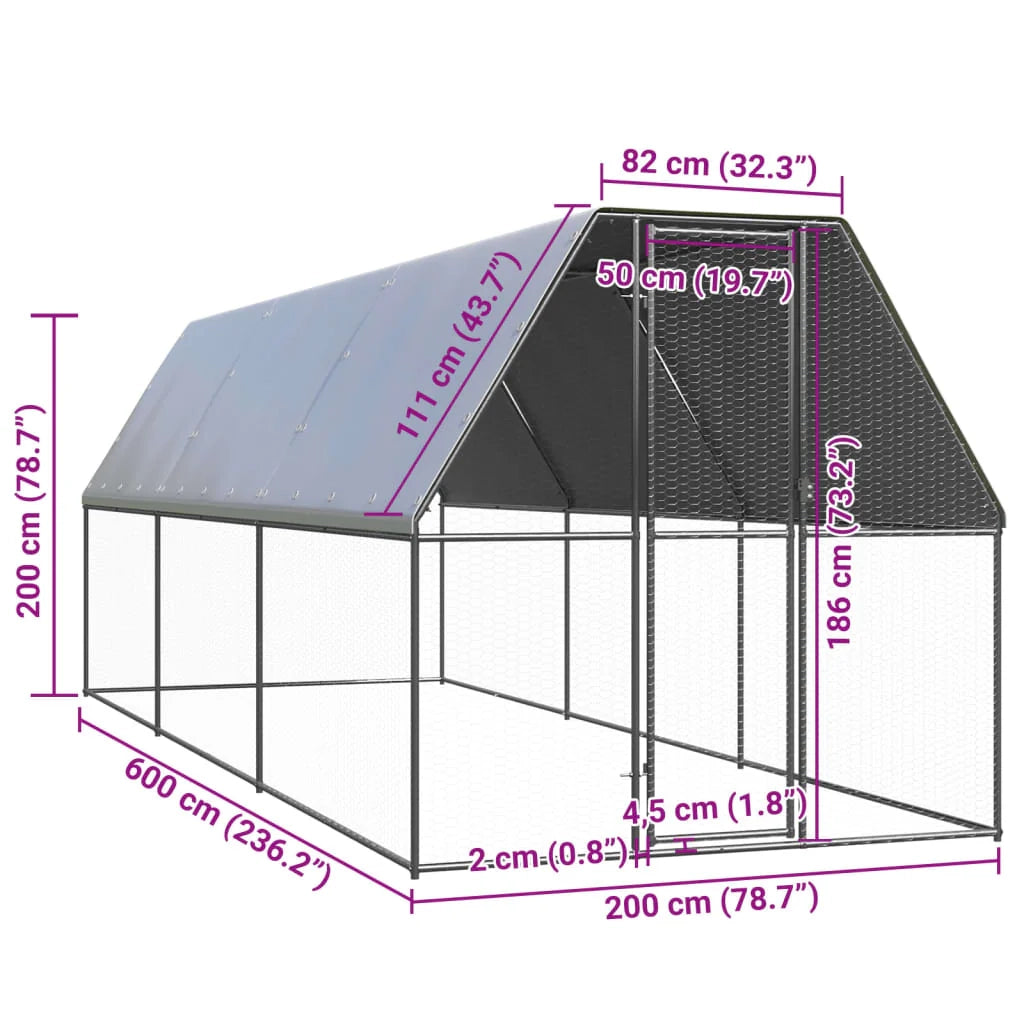 Pollaio/recinto/gabbia per polli da esterno 2 x 6 x 2 m acciaio zincato argento 02_0043994
