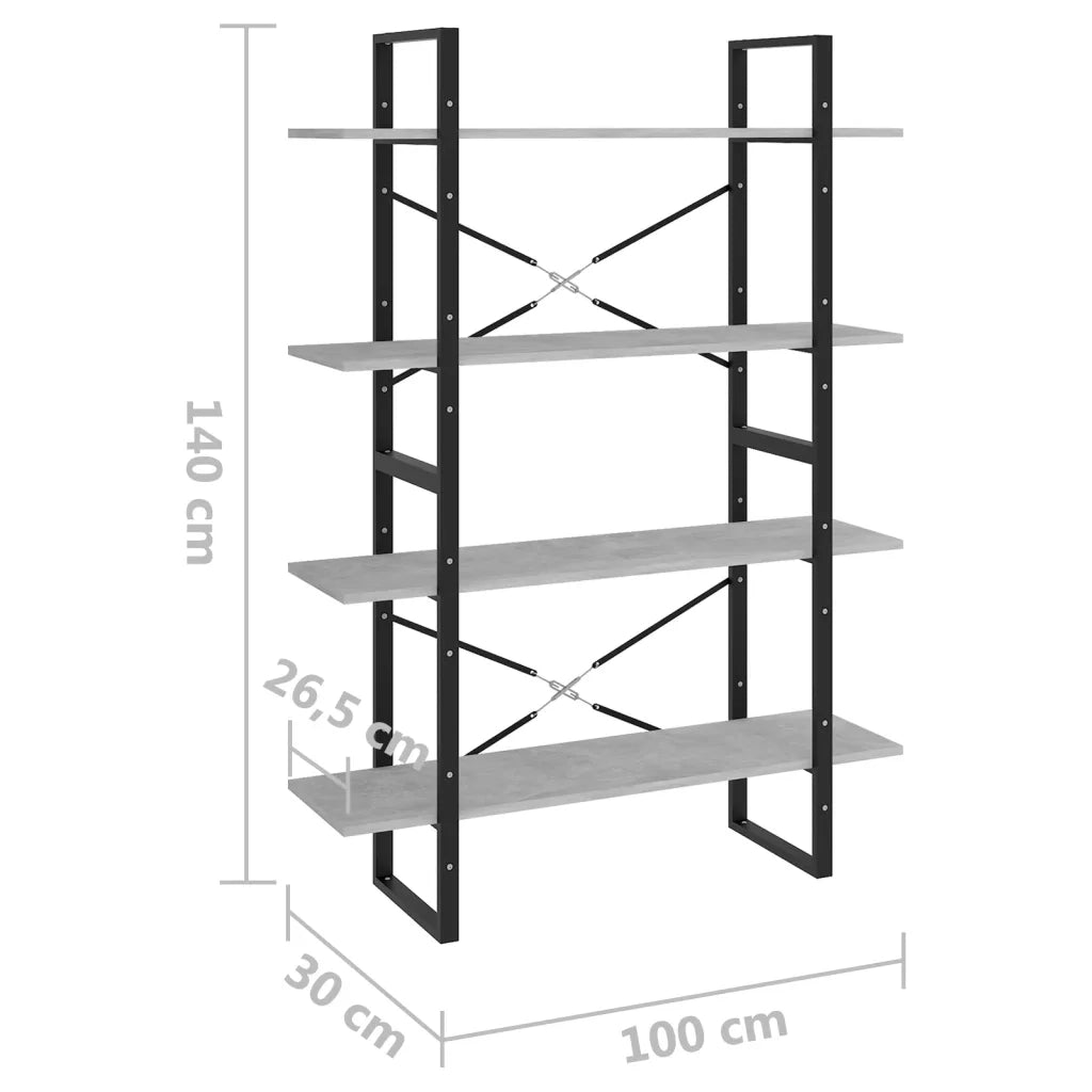 Libreria 4 Ripiani-Scaffale per Libri-Mobile di Stoccaggio Grigio Cemento 100x30x140cm Legno Multistrato