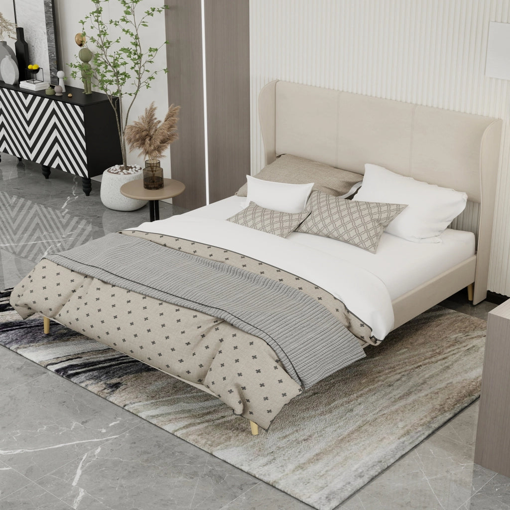 Letto Matrimoniale 160x200 cm con Testiera Imbottita; Beige; in Tessuto e Metallo