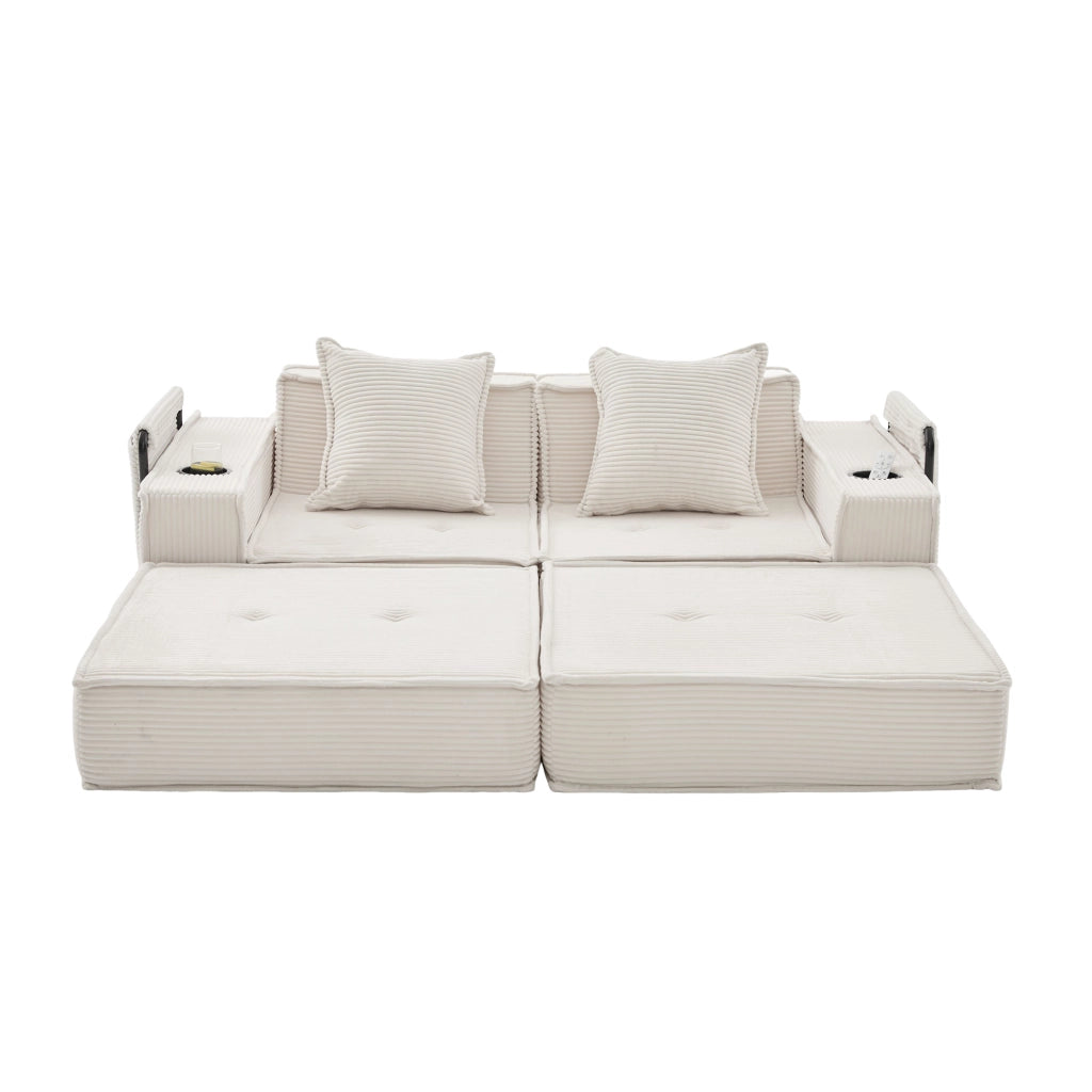 Pouf divano modulare in tessuto effetto corduroy beige, con 2 cuscini e tasche laterali, seduta bassa per relax