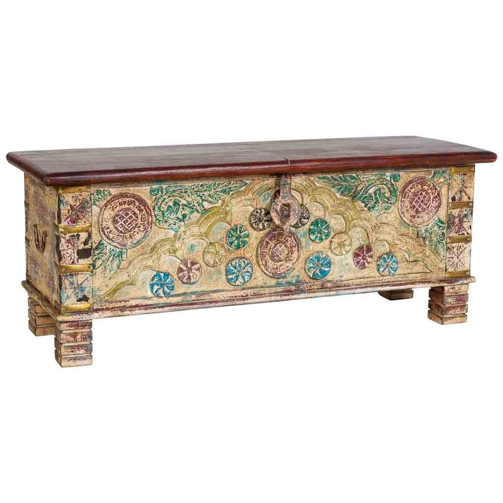 Baule artigianale in legno invecchiato beige 115x40x45h cm