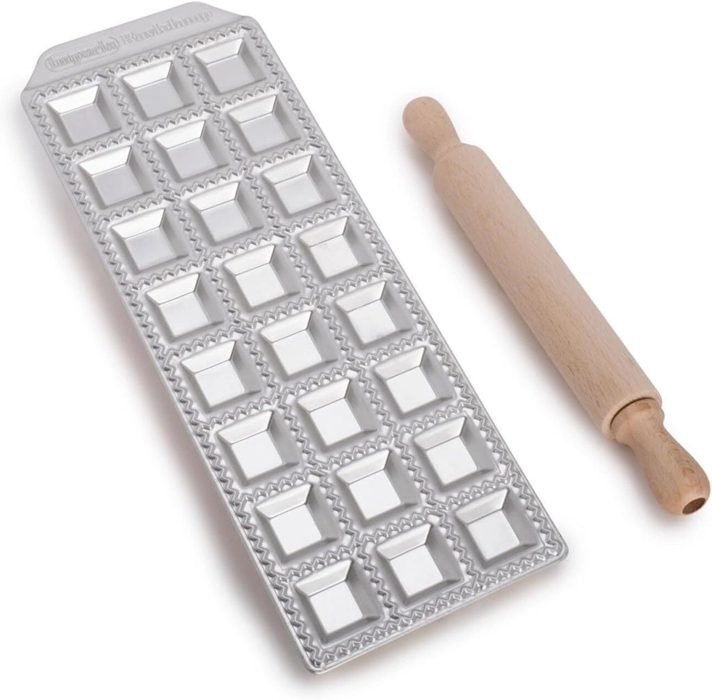 Imperia 3304 Raviolamp Stampo per Ravioli 24 Fori 3,5 cm Alluminio con Rullo in Legno Made in Italy