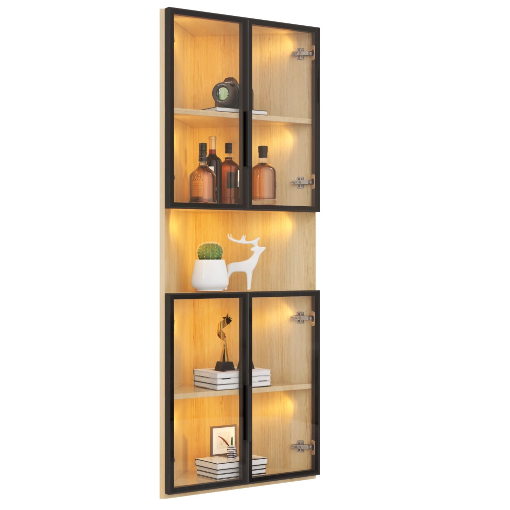 Vetrina angolare LED in MDF effetto rovere 62x32x160 cm con ante in vetro e chiusura soft-close
