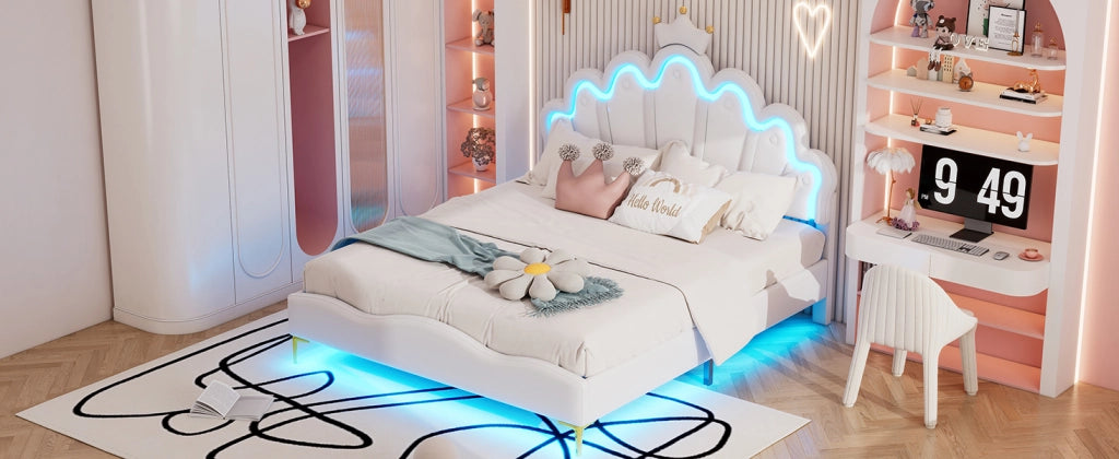 DESMIU Letto Matrimoniale 140 × 200 cm con LED regolabile e testiera regolabile, senza materasso, PU bianco