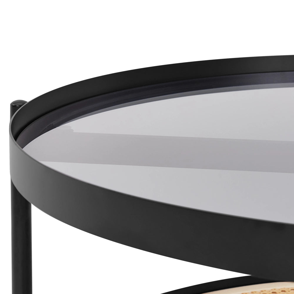 Tavolino piano in vetro struttura rotonda in metallo 1 ripiano intreccio viennese legno chiaro stile moderno