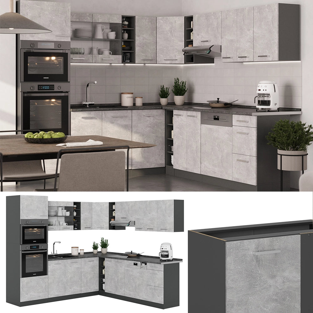 Cucina angolare completa R-Line Calcestruzzo/Antracite 247 x 237 cm, PL Marmo Vicco