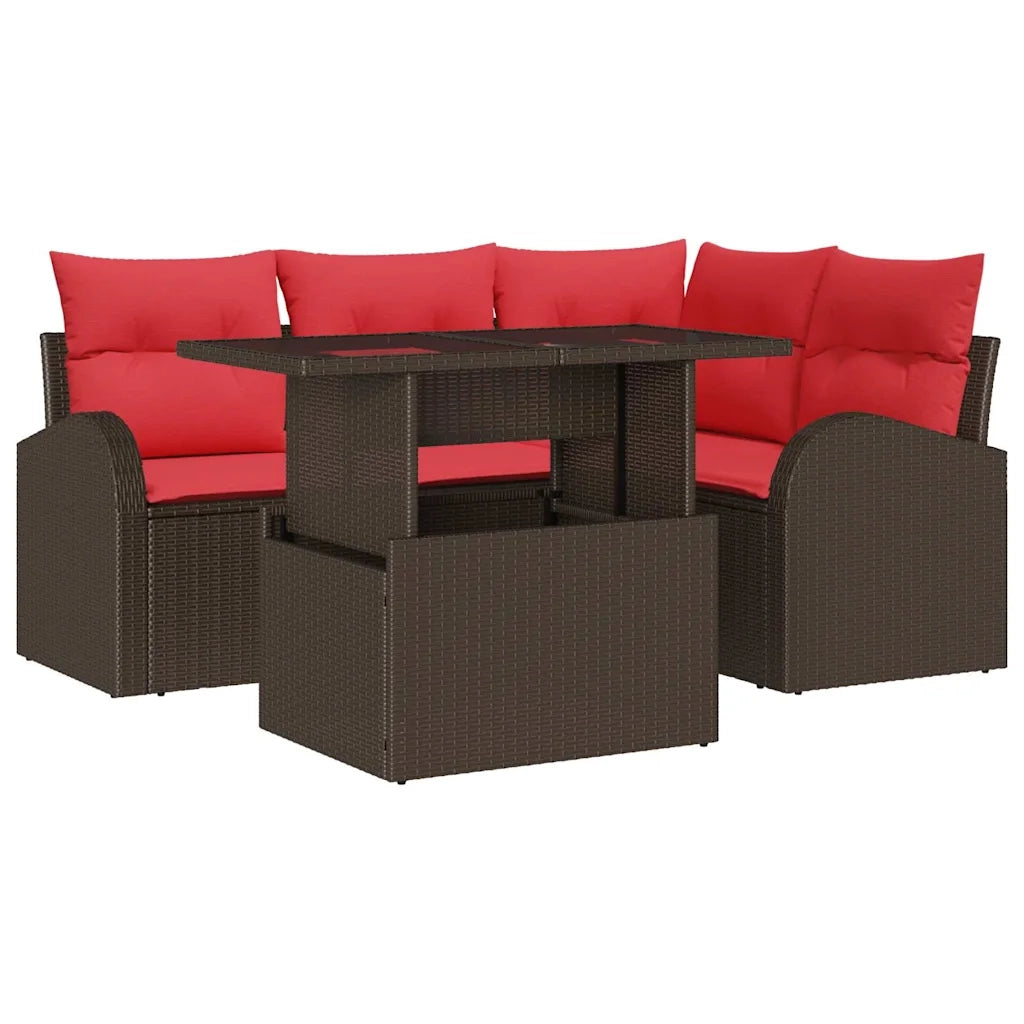 Set Divano da Giardino 5 pcs Marrone e Rosso polyrattan