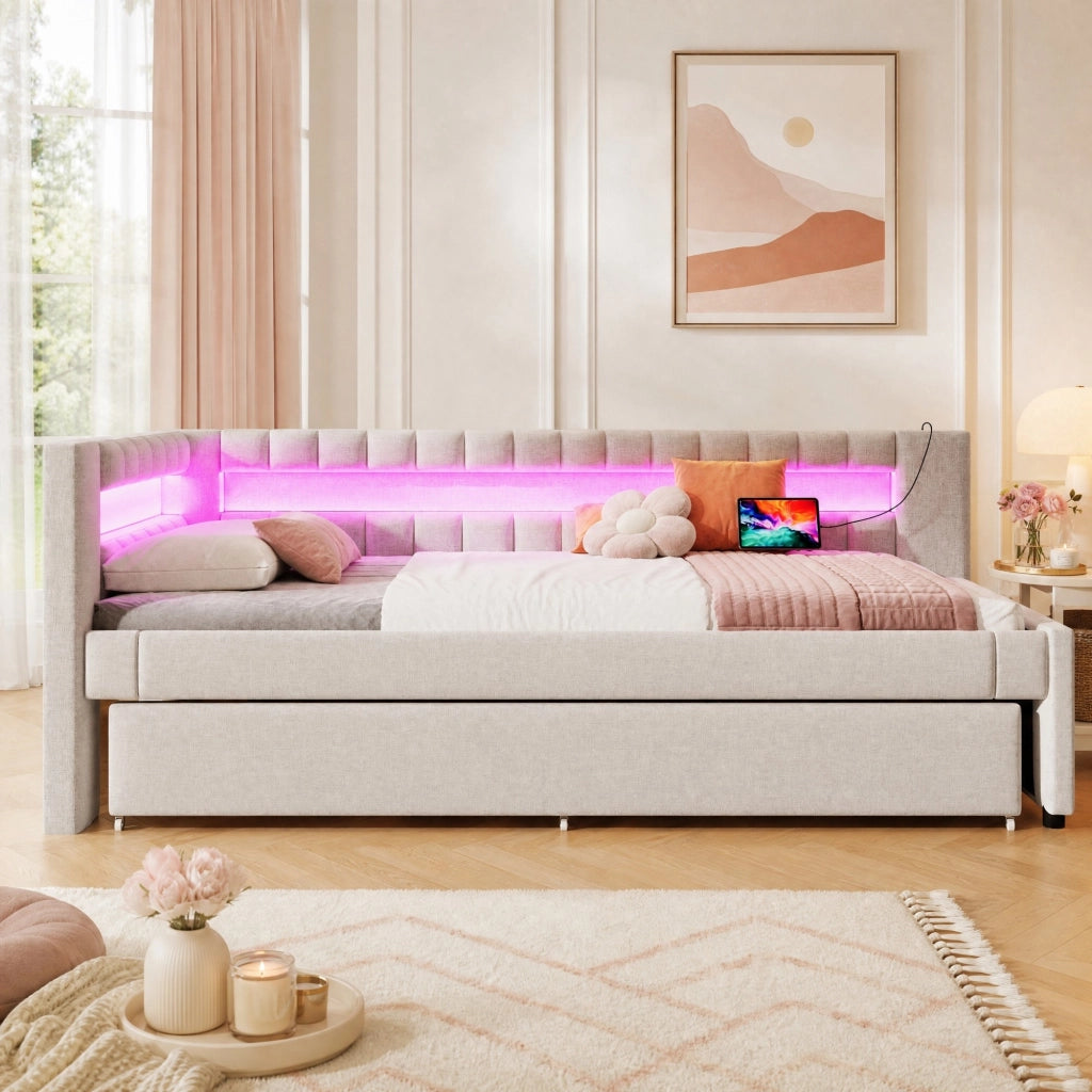 DESMIU Divano letto 90 × 200 cm con letto estraibile, LED, USB, Type-C, senza materasso, lino beige