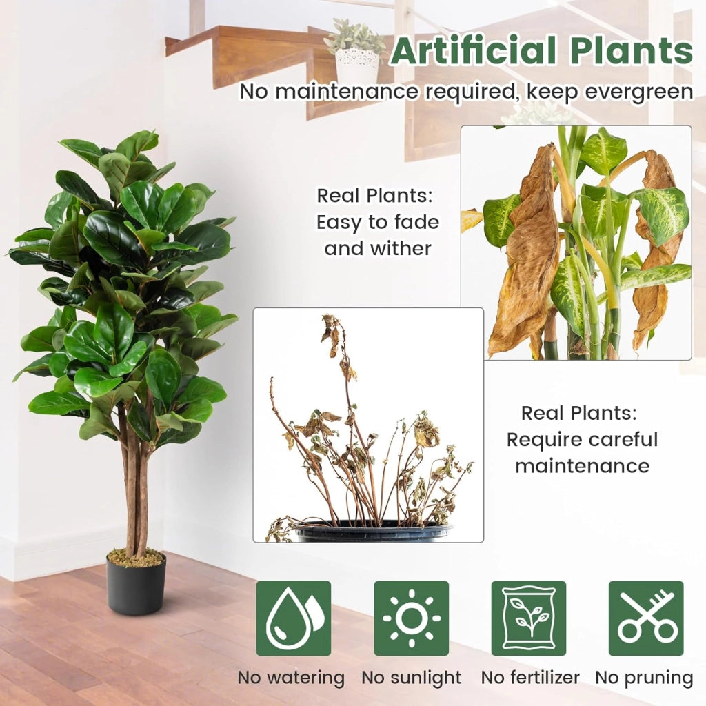 Pianta artificiale, albero di fico artificiale, 120 cm, decorazione in vaso di cemento, pianta verde con tronco e foglie in legno naturale, decorazione per interni