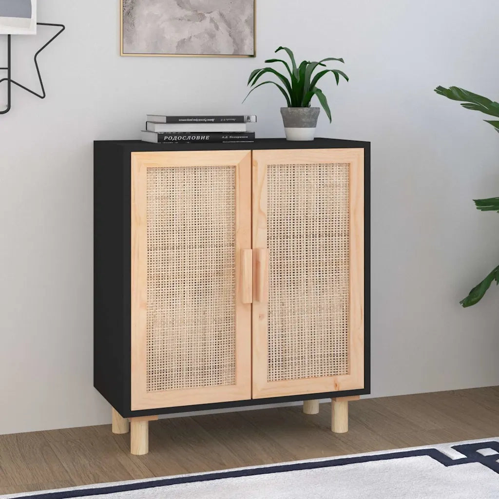 Credenza | Madia | Buffet da pranzo | Armadio da pranzo Nera 60x30x70 cm Legno Massello Pino e Rattan Naturale