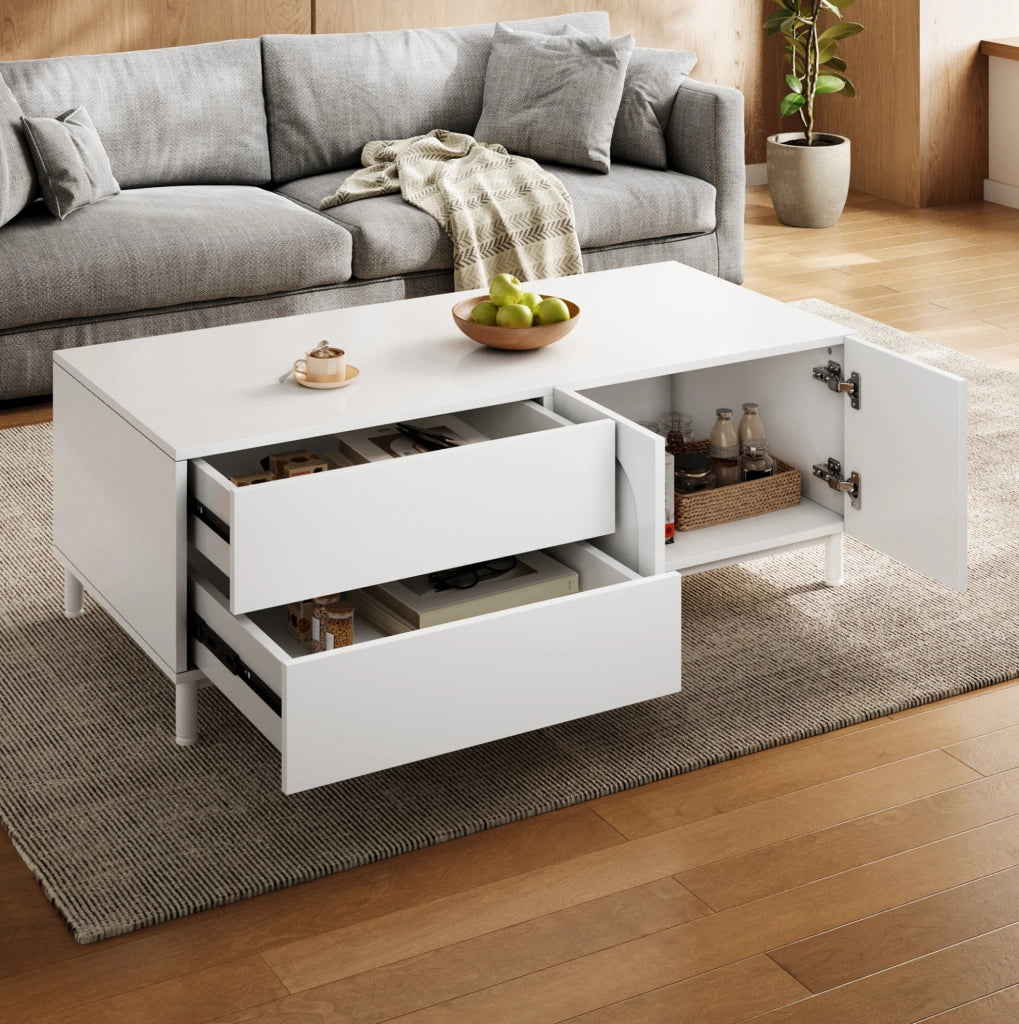 Tavolino da salotto rettangolare 100x50 cm con 2 cassetti e 2 ante; bianco