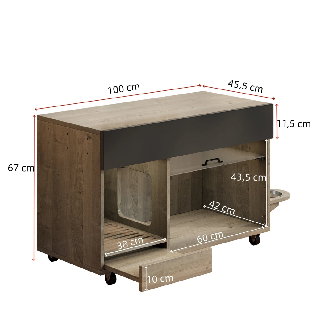 Mobiletto per Lettiera Gatto con Ciotole ¨C MINIMAL ¨C Legno, Rovere/Antracite, 100x45.5x67