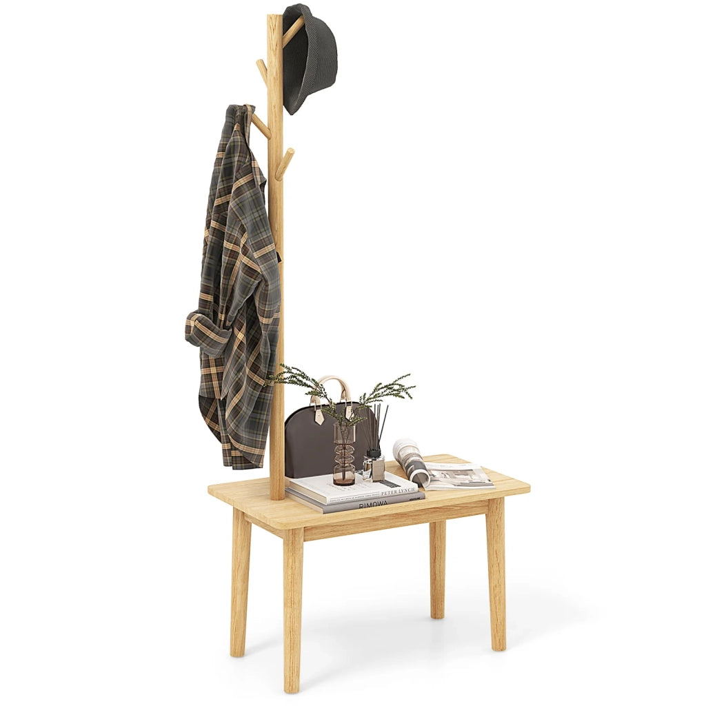 Tavolino multiuso e appendiabiti 76 x 43 x 168 cm con ganci in legno di caucciù naturale 20_0021159