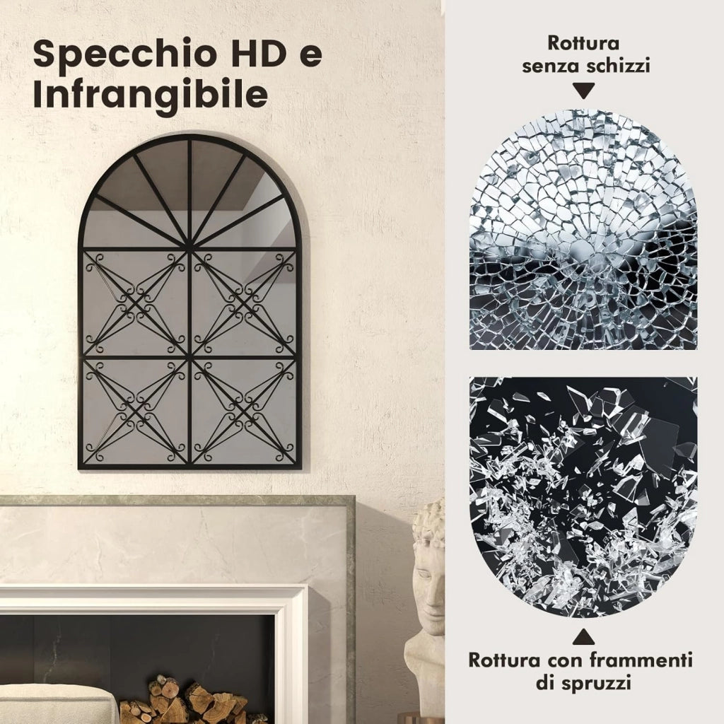 Specchio Ad Arco, Specchio da Parete 58 x 87cm con Cornice in Metallo, Specchio Decorativo a Finestra per Soggiorno Ingresso Camera da Letto e Bagno