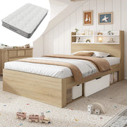 OKWISH Letto con Cassetti 90×200 cm, Letto Singolo con Testiera con Vani, 2 Cassetti e 4 Scomparti, Materasso Incluso, Bianco Rovere