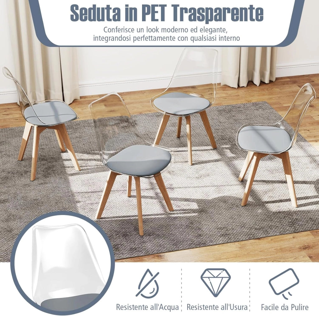 Set di 4 Sedie da Cucina Trasparenti, Sedie per Sala da Pranzo Moderne con Gambe in Legno e Seduta Imbottita, Sgabello senza Braccioli per Soggiorno e Camera da Letto, Portata 150 kg (Grigio)