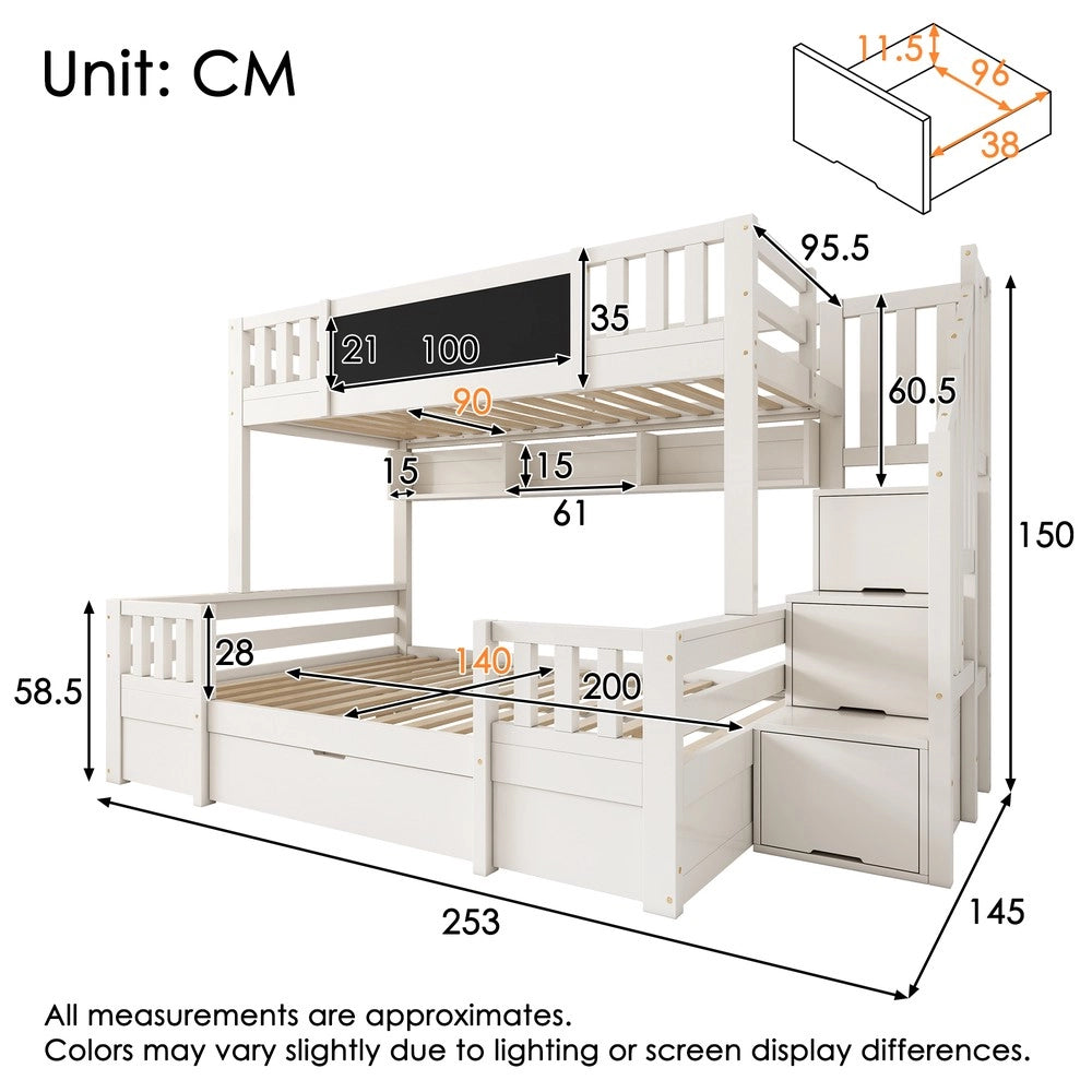 Letto a Castello per 3 Bambini con Cassetti e Scaletta ¨C MINIMAL ¨C Massello Bianco 90x200 / 140x200