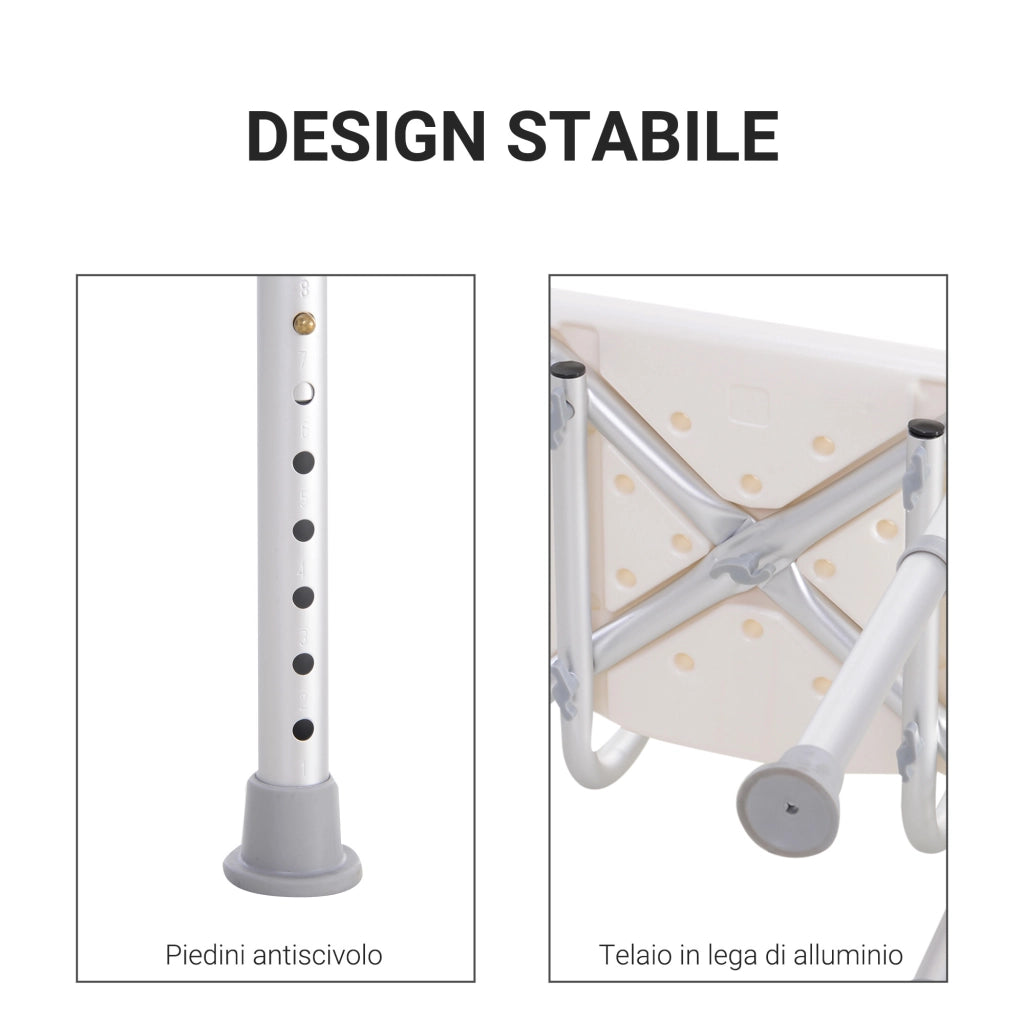 Sedia Doccia Antiscivolo e Regolabile con Fori di Drenaggio e Ventose. in Plastica e Alluminio. 50.6x43x71-88 cm