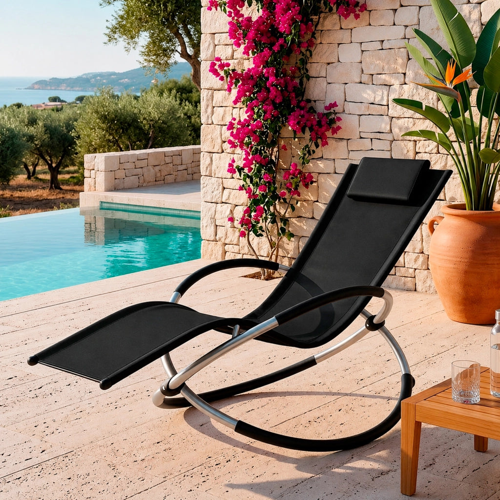 Dondolo Reclinabile Da Giardino Con Poggiatesta Removibile In Textilene Traspirante Telaio Metallo Relax Outdoor 73 x 150 x 93 Cm Nero