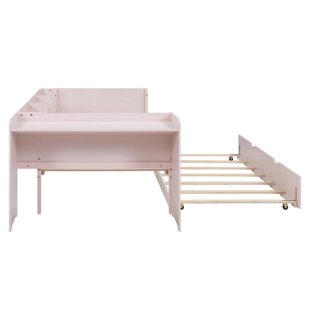 OKWISH Letto estraibile 90×200 cm, Letto Singolo con Letto estraibile, Scrivania e 3 Mensole, senza Materasso, in Pino e MDF, Rosa