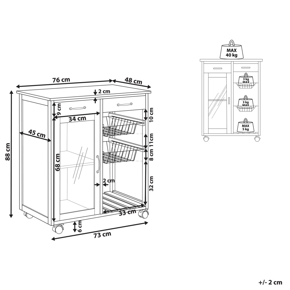 Carrello Cucina Legno Pino Nero 2 Cassetti 1 Mobiletto 2 Scaffali Ruote Soggiorno