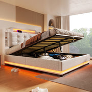 DESMIU Letto Contenitore 140 × 200 cm 2 Posti con LED, USB, Tipo C e Ripiani, Senza Materasso, Lino Beige