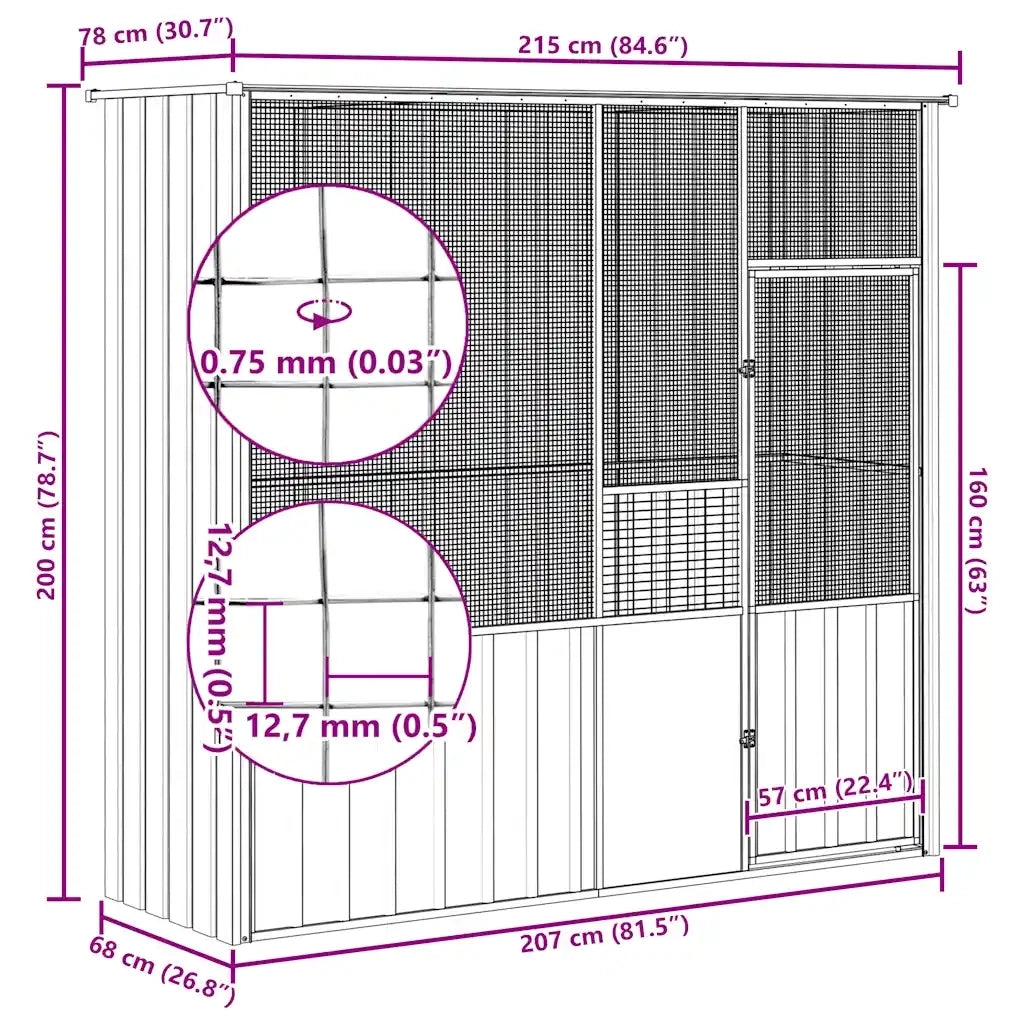 Gabbia per Uccelli Grigia 215x78x200 cm in Acciaio Zincato 172345