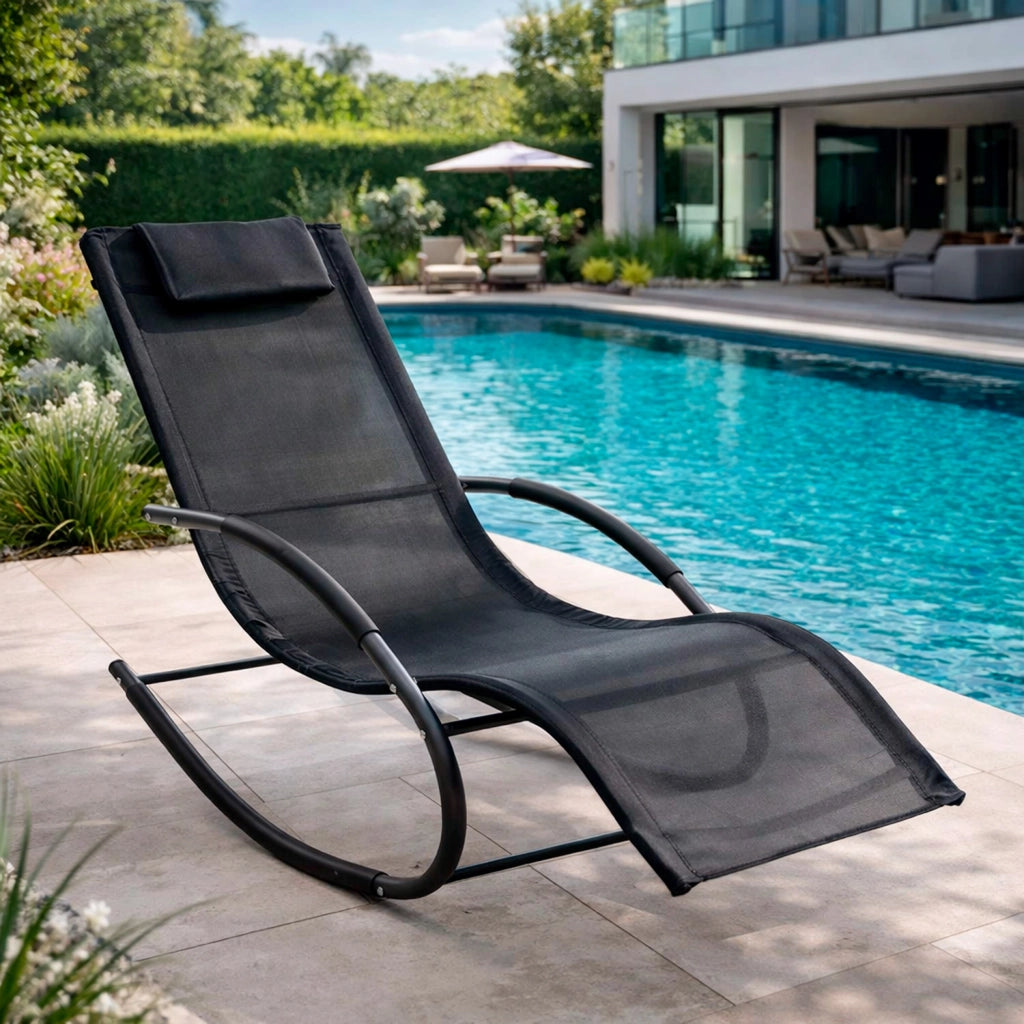 Sedia Basculante Da Giardino Ergonomica Con Poggiatesta Imbottito Poltrona Relax A Dondolo Per Terrazzo Patio Piscina 160x65x90 Cm Nero