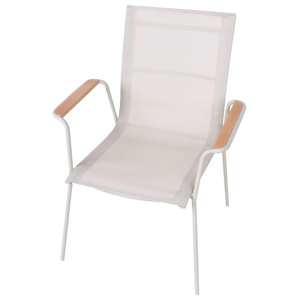 Set di 4 sedie da giardino con struttura in acciaio color beige chiaro, seduta e schienale in rete, verniciate a polvere, resistenti ai raggi UV e all'acqua, impilabili