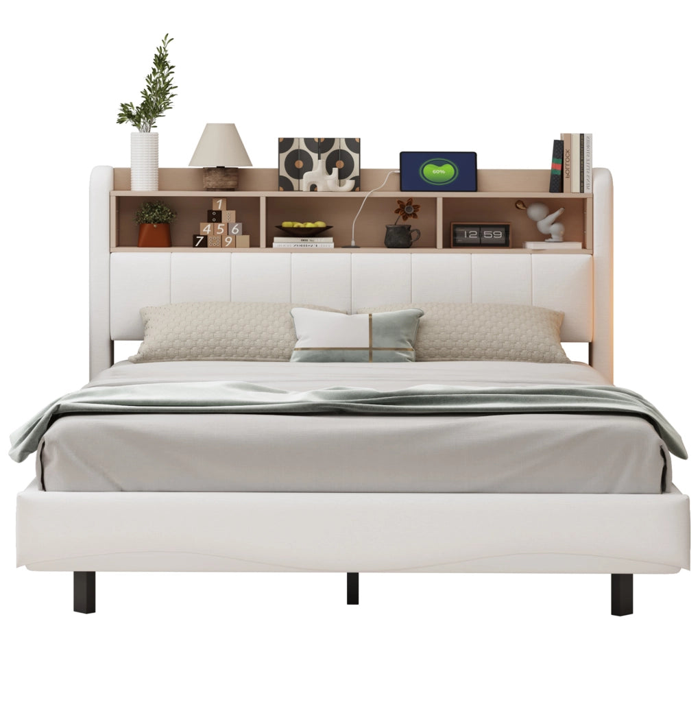 Letto imbottito ULEVR 160x200 cm design sospeso con LED, USB e Type-C, contenitore testiera beige
