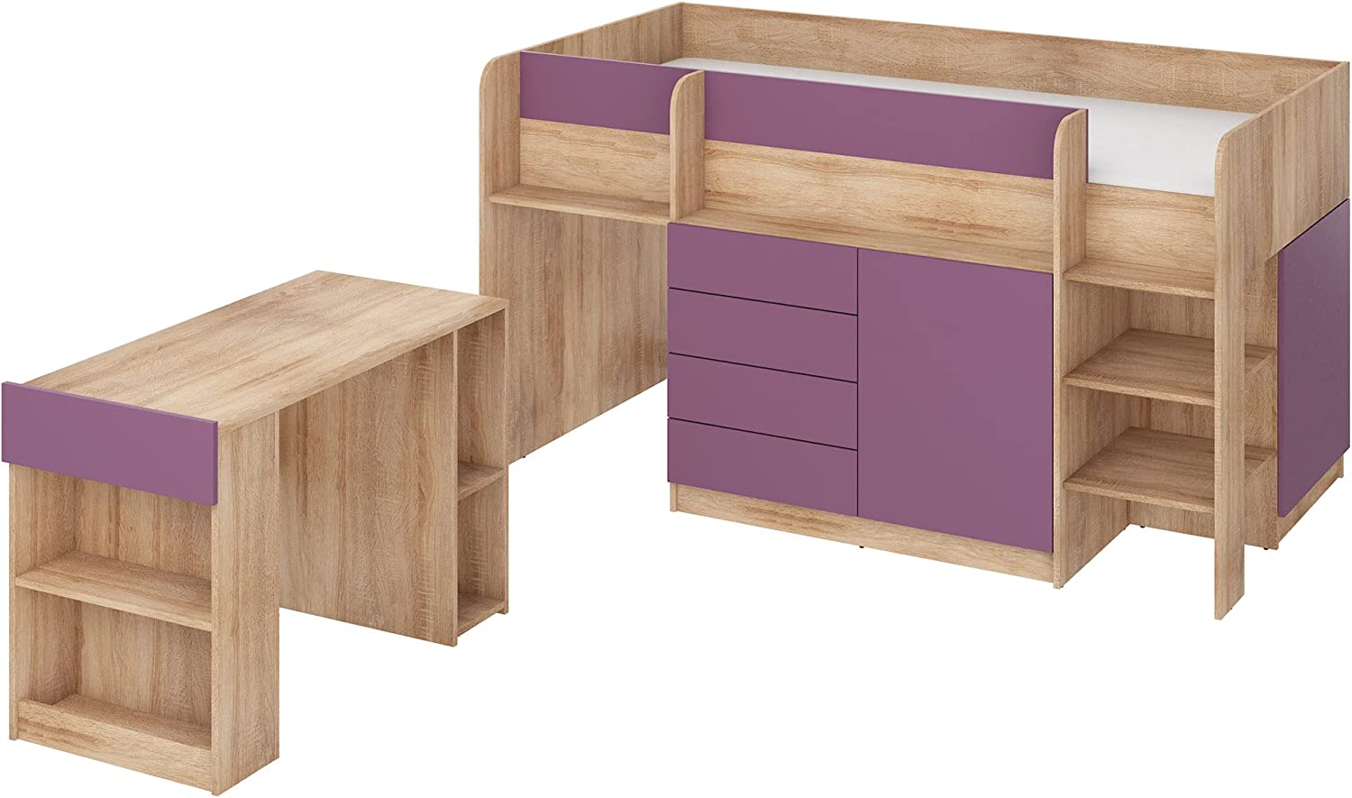 LETTO MOBILE CASSETTIERA CON SCRITTOIO SMILE P 204x 112x112cm LATO DESTRO ROVERE VIOLA