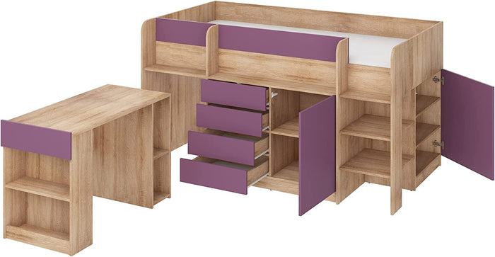 LETTO MOBILE CASSETTIERA CON SCRITTOIO SMILE P 204x 112x112cm LATO DESTRO ROVERE VIOLA