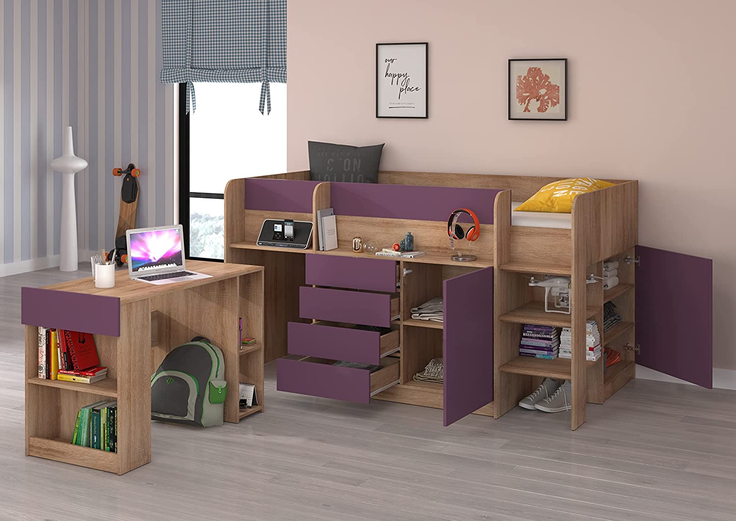 LETTO MOBILE CASSETTIERA CON SCRITTOIO SMILE P 204x 112x112cm LATO DESTRO ROVERE VIOLA