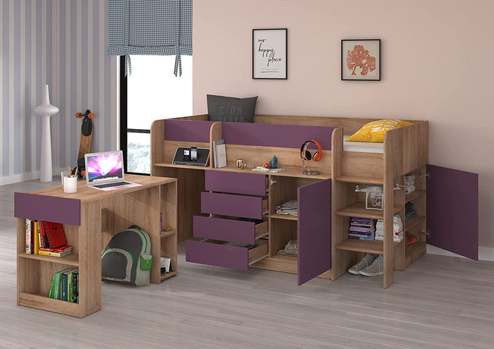 LETTO MOBILE CASSETTIERA CON SCRITTOIO SMILE P 204x 112x112cm LATO DESTRO ROVERE VIOLA