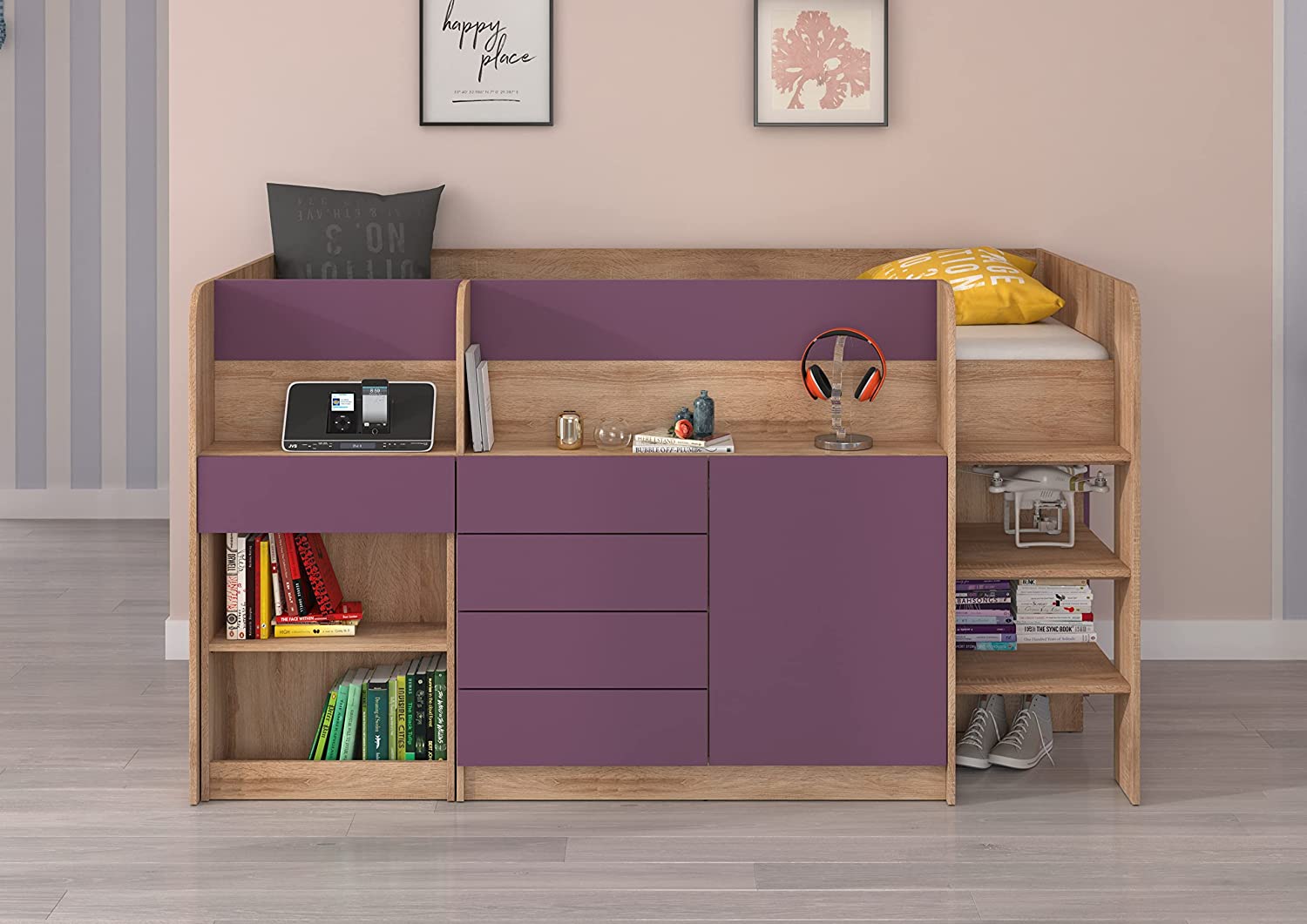 LETTO MOBILE CASSETTIERA CON SCRITTOIO SMILE P 204x 112x112cm LATO DESTRO ROVERE VIOLA
