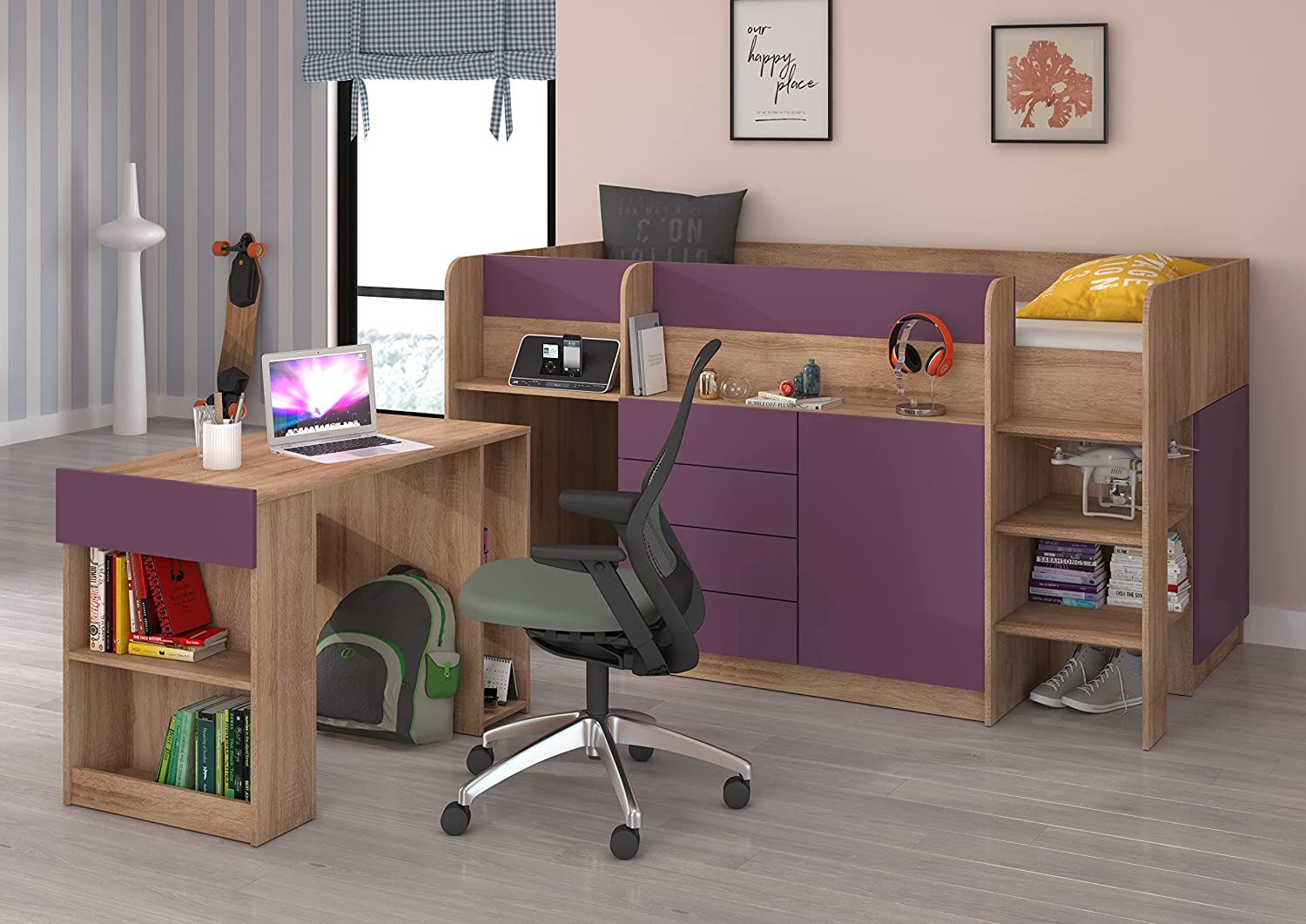 LETTO MOBILE CASSETTIERA CON SCRITTOIO SMILE P 204x 112x112cm LATO DESTRO ROVERE VIOLA