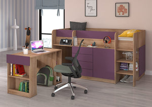 LETTO MOBILE CASSETTIERA CON SCRITTOIO SMILE P 204x 112x112cm LATO DESTRO ROVERE VIOLA