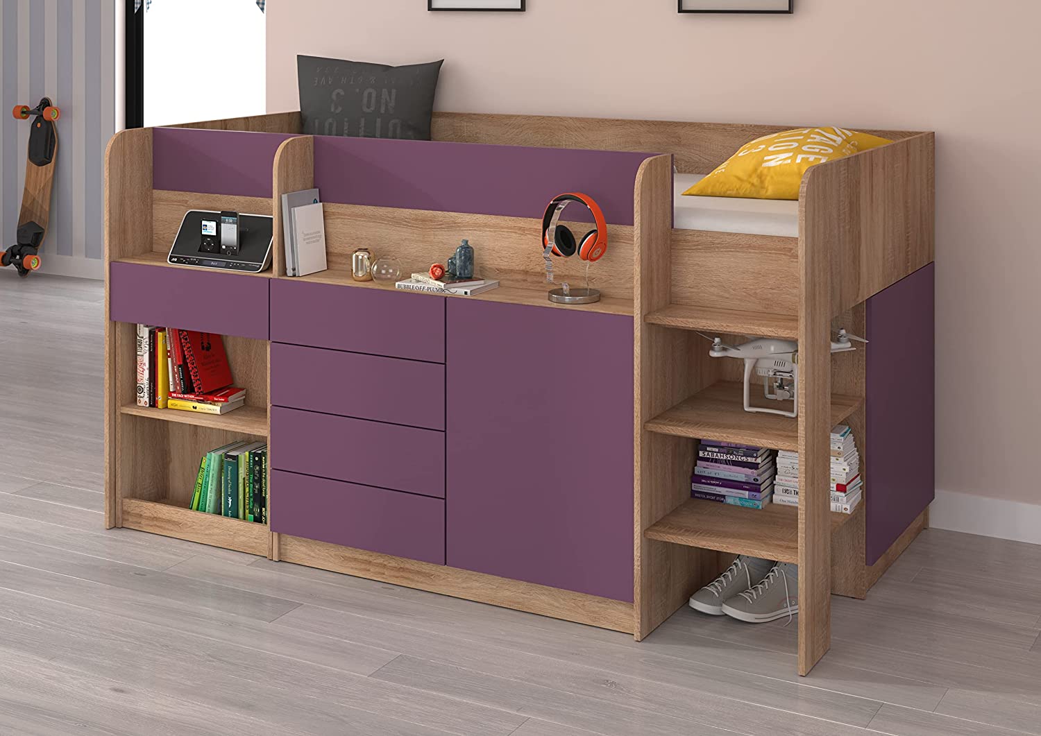 LETTO MOBILE CASSETTIERA CON SCRITTOIO SMILE P 204x 112x112cm LATO DESTRO ROVERE VIOLA