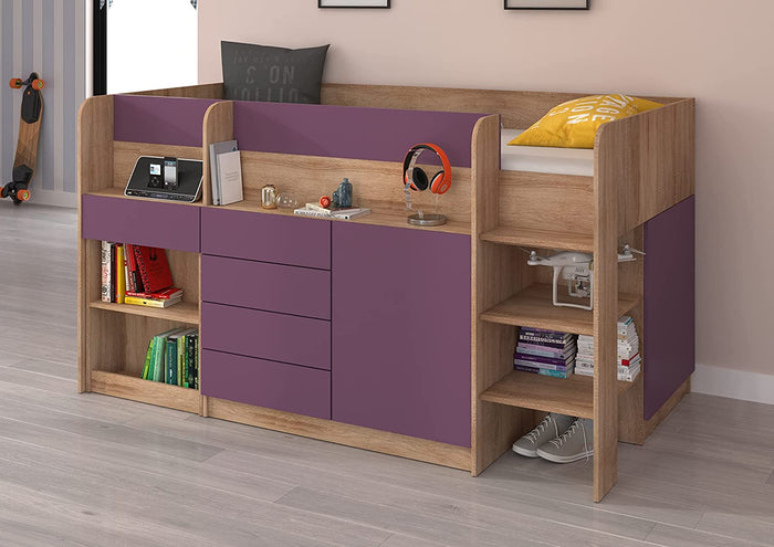 LETTO MOBILE CASSETTIERA CON SCRITTOIO SMILE P 204x 112x112cm LATO DESTRO ROVERE VIOLA