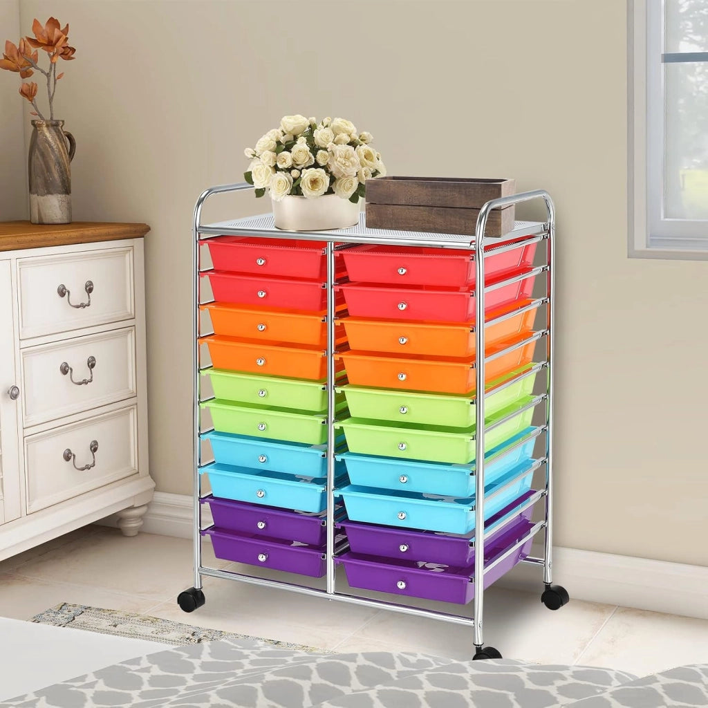 Carrelli Porta Oggetti, con 20 Cassetti, 2 Ruote Bloccabili, Braccioli Metallici, Portabile e Pratico, per Ufficio, Studio, Cucina,Bagno, 5 Colori Disponibili, 64x38x87 cm (1-4)
