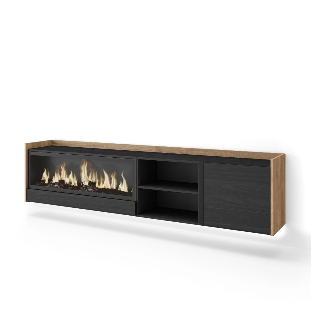 Mobile TV Soggiorno, 212x50x35 cm, Per TV fino a 80", Camino elettrico XXL, Sospeso, da appendere, LED, Nero e rovere