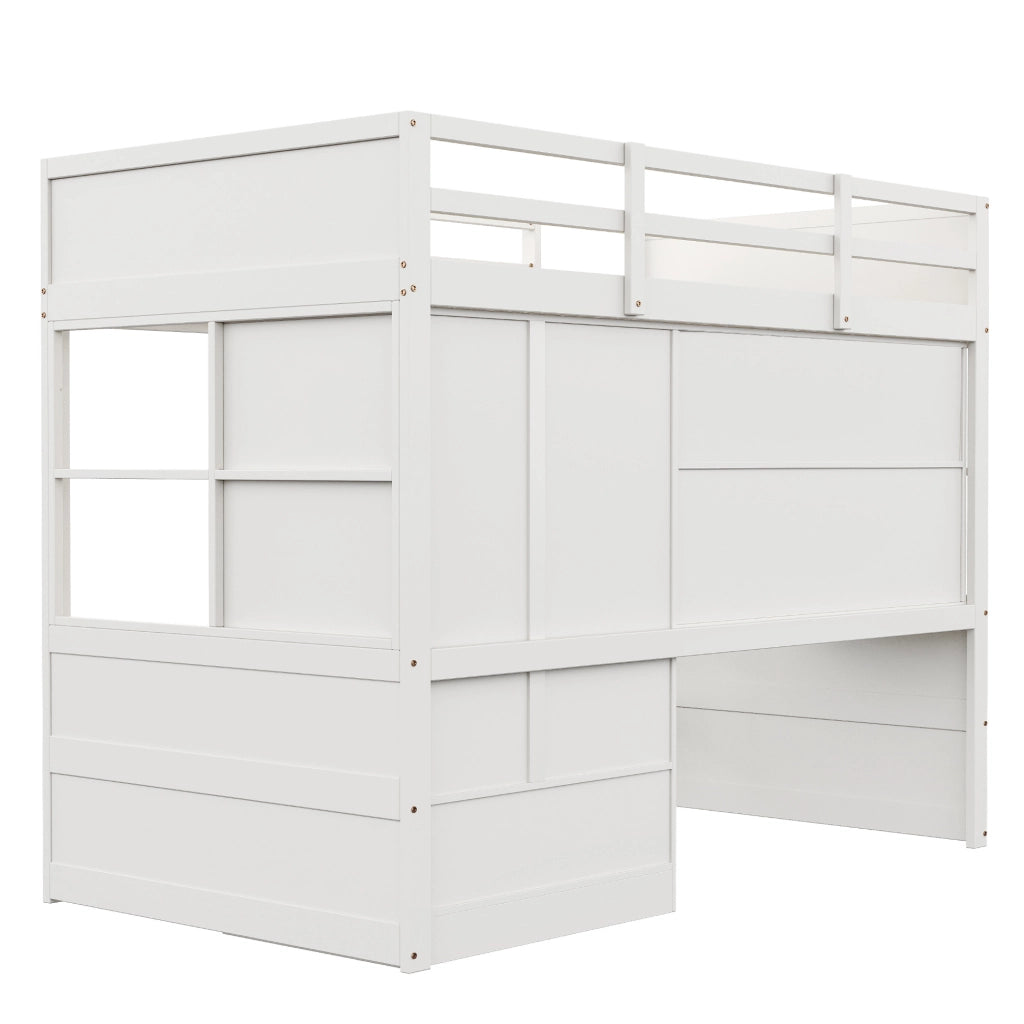 Letto a soppalco 90x200 cm in legno bianco con scala; scrivania; guardaroba e cassetti