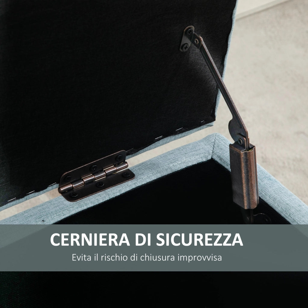 Panca Pouf Contenitore Imbottita 110x39x45 cm in Tessuto Effetto Lino Azzurro